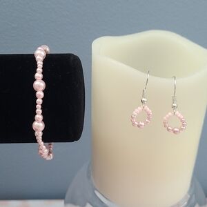 Handmade Brass-, Silver-Toned Light Pink Faux Pearl Bracelet Earrings